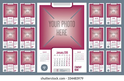 Wall Monthly Calendar for Year 2016. Week starts monday. Holidays are not marked. CMYK Color ready for Press. Vector Print Template with Space for Photo. Portrait Orientation. Set of 12 Months