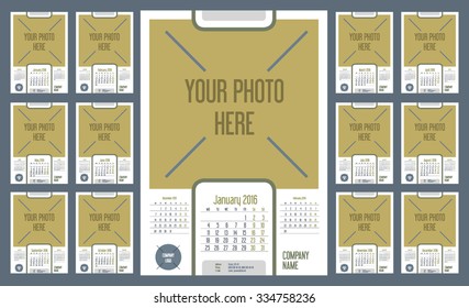 Wall Monthly Calendar for Year 2016. Week starts monday. Holidays are not marked. CMYK Color ready for Press. Vector Print Template with Space for Photo. Portrait Orientation. Set of 12 Months