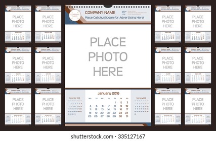 Wall Monthly Calendar for Year 2016. Week starts Monday. Holidays are not marked. CMYK Color ready for Press. Vector Print Template with Space for Photo. Portrait Orientation. Set of 12 Months