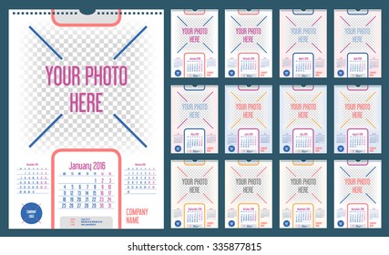 Wall Monthly Calendar for Year 2016. Week starts monday. Vector Template with Space for Photo with effect of the soft blending to background. Portrait Orientation. Set of 12 Months