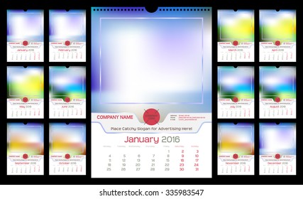 Wall Monthly Calendar for Year 2016. Different Color for Season. Week starts Monday. Holidays are not marked. Vector Template with Space for Photo. Portrait Orientation. Set of 12 Months