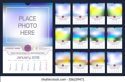 Wall Monthly Calendar for Year 2016. Different Color for Season. Week starts Monday. Holidays are not marked. Vector Calendar Template with Space for Photo. Portrait Orientation. Set of 12 Months