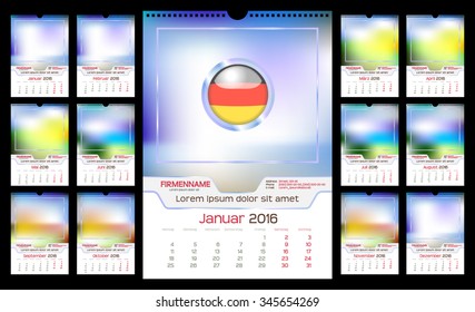 Wall Monthly Calendar for Year 2016. German language. Different Color for Season. Week starts Monday. Holidays not marked. Vector Template with Space for Photo. Portrait Orientation. Set of 12 Months