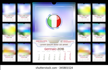 Wall Monthly Calendar for Year 2016. Italian language. Different Color for Season. Week starts Monday. Holidays not marked. Vector Template with Space for Photo. Portrait Orientation. Set of 12 Months