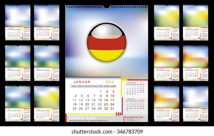 Wall Monthly Calendar for Year 2016 in German - three in one.  Different Color for Season. Week starts Monday. Holidays are not marked. Vector Template with Space for Photo. Portrait Orientation. 