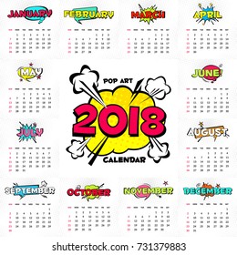 Wall Monthly Calendar for the year 2018. Week starts from Sunday. Vector Pop Art style design, ready to print.