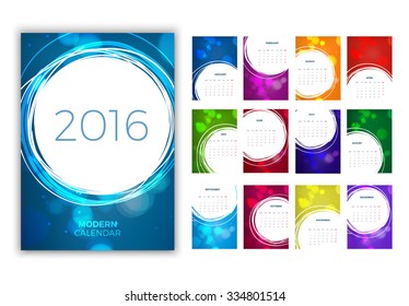 Wall Monthly Colored Calendar 2016 with Place for Photo. Vector Template. Week Starts Monday. 12 Months Set.