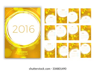 Wall Monthly Golden Calendar 2016 with Place for Photo. Vector Template. Week Starts Monday. 12 Months Set.
