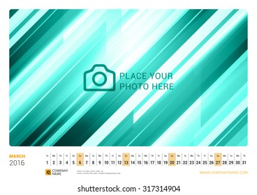 Wall Monthly Line Calendar for 2016 Year. Vector Design Print Template. Landscape Orientation. March 2016.