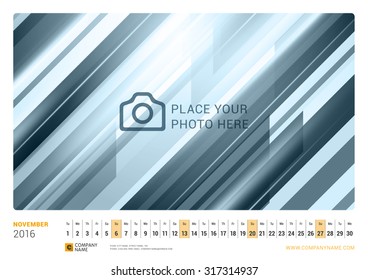 Wall Monthly Line Calendar for 2016 Year. Vector Design Print Template. Landscape Orientation. November 2016.