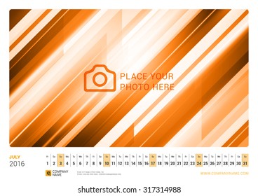 Wall Monthly Line Calendar for 2016 Year. Vector Design Print Template. Landscape Orientation. July 2016
