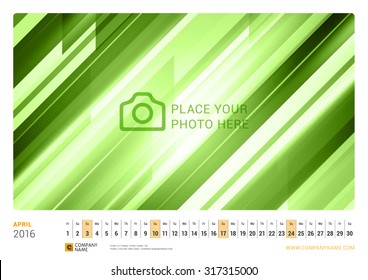 Wall Monthly Line Calendar for 2016 Year. Vector Design Print Template. Landscape Orientation. April 2016