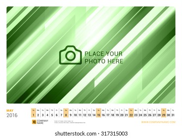 Wall Monthly Line Calendar for 2016 Year. Vector Design Print Template. Landscape Orientation. May 2016