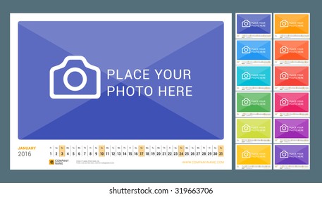 Wall Monthly Line Calendar for 2016 Year. Vector Design Print Template. Landscape Orientation. Set of 12 Months