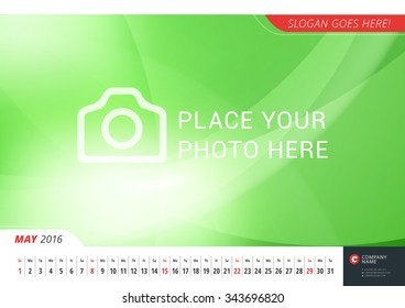 Wall Monthly Line Calendar for 2016 Year. Modern Vector Design Print Template with Abstract Background or Place for Photo. Landscape Orientation. May 2016