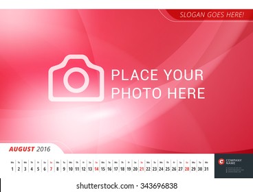 Wall Monthly Line Calendar for 2016 Year. Modern Vector Design Print Template with Abstract Background or Place for Photo. Landscape Orientation. August 2016