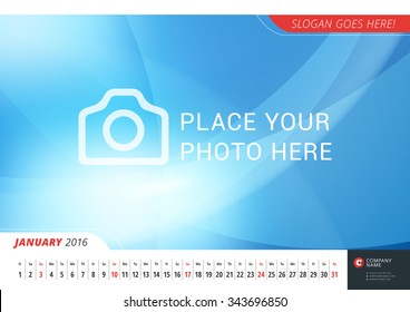 Wall Monthly Line Calendar for 2016 Year. Modern Vector Design Print Template with Abstract Background or Place for Photo. Landscape Orientation. January 2016
