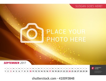 Wall Monthly Line Calendar for 2017 Year. Vector Design Print Template with Abstract Background or Place for Photo. Landscape Orientation. September 2017