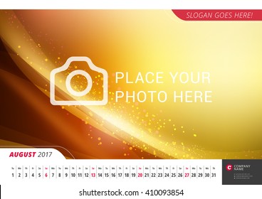 Wall Monthly Line Calendar for 2017 Year. Vector Design Print Template with Abstract Background or Place for Photo. Landscape Orientation. August 2017
