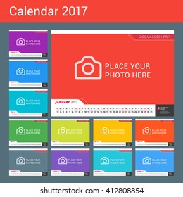 Wall Monthly Line Calendar for 2017 Year. Vector Design Print Template with Place for Photo. Landscape Orientation