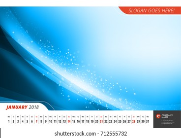 Wall monthly line calendar for 2018 Year. Vector design print template with abstract background. Landscape orientation. January 2018