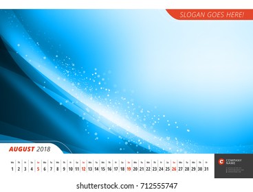 Wall monthly line calendar for 2018 Year. Vector design print template with abstract background. Landscape orientation. August 2018