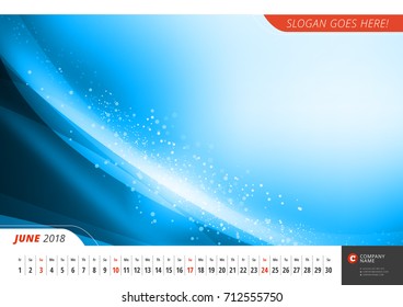 Wall monthly line calendar for 2018 Year. Vector design print template with abstract background. Landscape orientation. June 2018