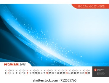 Wall monthly line calendar for 2018 Year. Vector design print template with abstract background. Landscape orientation. December 2018
