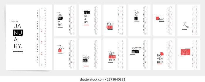 Monatszeitlicher Kalender 2024. Einfaches monatliches kreatives Kalenderlayout für 2024 Jahr in Englisch. Decken Sie Kalender, 12 Monate Vorlagen. Die Woche beginnt am Montag. Vektorgrafik