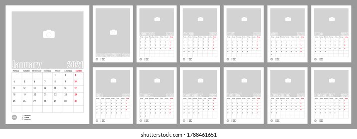 Wall Monthly Photo Calendar 2021. Corporate and business calendar. Simple monthly wall photo calendar Layout for 2021 in English. Cover and 12 monthes calendar templates. Monday week start. Vector