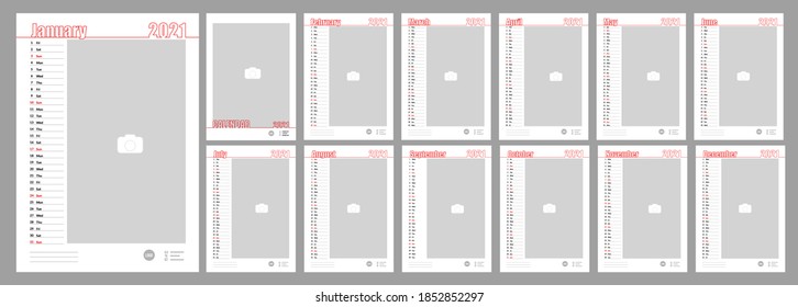 Wall Monthly Photo Calendar 2021. Simple monthly vertical photo calendar Layout for 2021 years in English.Cover Calendar  and 12 monthes templates. Vertical data grids. Vector illustration