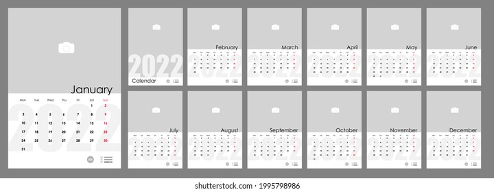 Wall Monthly Photo Calendar 2022. Simple monthly vertical photo calendar Layout for 2022 year in English. Cover Calendar, 12 monthes templates. Week starts from Monday. Vector illustration