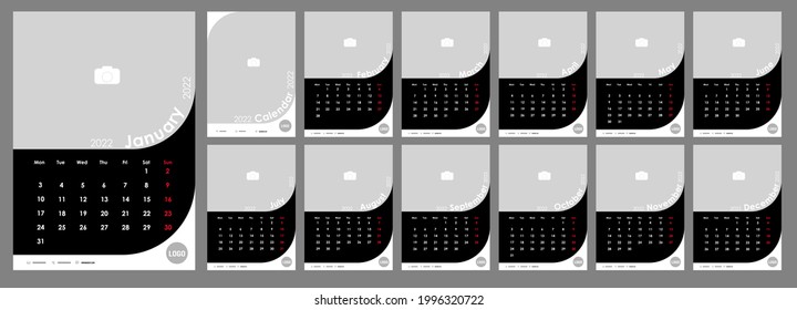 Wall Monthly Photo Calendar 2022. Simple monthly vertical photo calendar Layout for 2022 year in English. Cover Calendar, 12 monthes templates. Week starts from Monday. Vector illustration