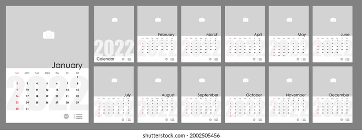 Wall Monthly Photo Calendar 2022. Simple monthly vertical photo calendar Layout for 2022 year in English. Cover Calendar, 12 monthes templates. Week starts from Sunday. Vector illustration