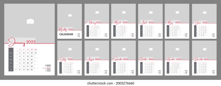 Wall Monthly Photo Calendar 2022. Simple monthly vertical photo calendar Layout for 2022 year in English. Cover Calendar, 12 monthes templates. Week starts from Sunday. Vector illustration