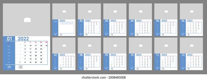 Wall Monthly Photo Calendar 2022. Simple monthly vertical photo calendar Layout for 2022 year in English. Cover Calendar, 12 monthes templates. Week starts from Sunday. Vector illustration