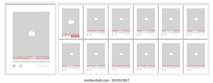 Wall Monthly Photo Calendar 2022. Simple monthly vertical photo calendar Layout for 2022 year in English. Cover Calendar, 12 months templates. Week starts from Monday. Vector illustration