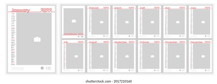 Wall Monthly Photo Calendar 2022. Simple monthly vertical photo calendar Layout for 2022 year in English. Cover Calendar, 12 months templates. Week starts from Monday. Vector illustration