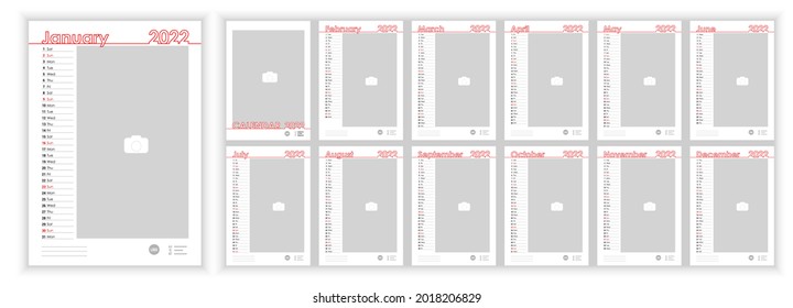 Wall Monthly Photo Calendar 2022. Simple monthly vertical photo calendar Layout for 2022 year in English. Cover Calendar, 12 months templates. Week starts from Monday. Vector illustration