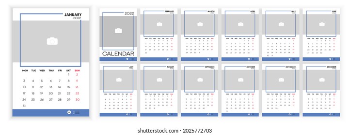 Wall Monthly Photo Calendar 2022. Simple monthly vertical photo calendar Layout for 2022 year in English. Cover Calendar, 12 months templates. Week starts from Monday. Vector illustration