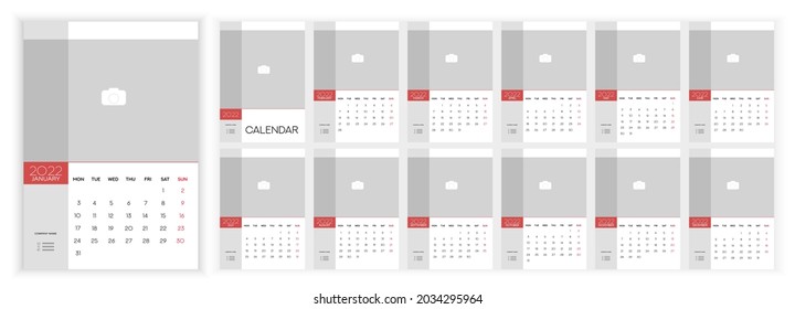 Wall Monthly Photo Calendar 2022. Simple monthly vertical photo calendar Layout for 2022 year in English. Cover Calendar, 12 months templates. Week starts from Monday. Vector illustration