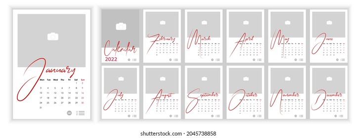 Wall Monthly Photo Calendar 2022. Simple Monthly Vertical Photo Calendar Layout For 2022 Year In English. Cover Calendar, 12 Months Templates. Week Starts From Monday. Vector Illustration