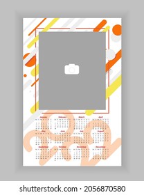 Wall Monthly Photo Calendar 2022. Simple, colorful, baby vertical photo calendar template. Calendar design 2022 year in English. Week starts from Monday. Vector illustration