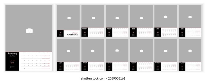 Wall Monthly Photo Calendar 2022. Simple monthly vertical photo calendar Design for 2022 year in English. Cover Calendar and 12 months templates. Monday week start. Vector illustration