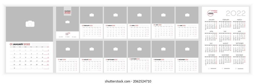 Wall Monthly Photo Calendar 2022. Simple monthly vertical photo calendar Design for 2022 year in English. Cover Calendar and 12 months templates. Monday week start. Vector illustration