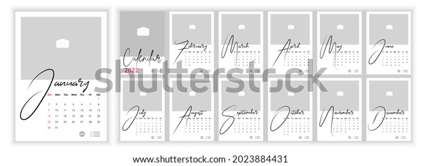 Wall Monthly Photo Calendar 2022. Simple\
monthly vertical photo calendar Layout for 2022 year in English.\
Cover Calendar, 12 months templates. Week starts from Sunday.\
Vector illustration