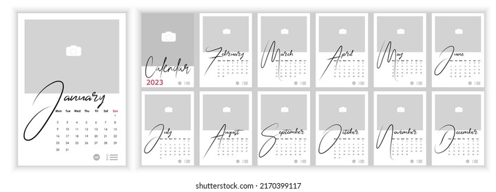 Wall Monthly Photo Calendar 2023. Simple monthly vertical photo calendar Layout for 2023 year in English. Cover Calendar, 12 months templates. Week starts from Monday. Vector illustration svg