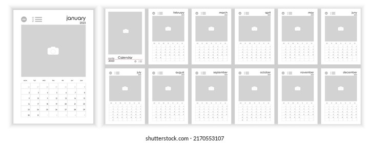 Wall Monthly Photo Calendar 2023. Simple monthly vertical photo calendar Layout 2023 year in English. Cover, 12 months templates. Week starts from Monday. Vector illustration