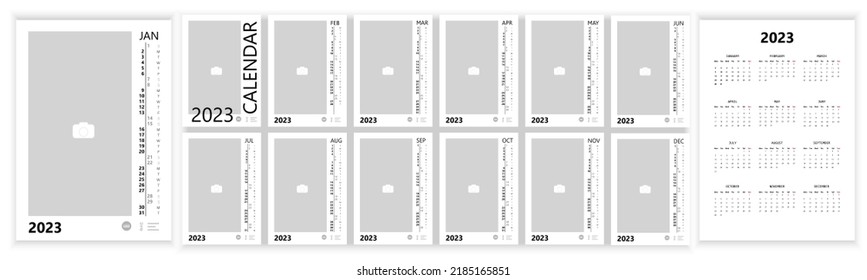 Wall Monthly Photo Calendar 2023. Simple monthly vertical photo calendar Layout 2023 year in English. Cover, 12 months templates. Week starts from Monday. Vector illustration