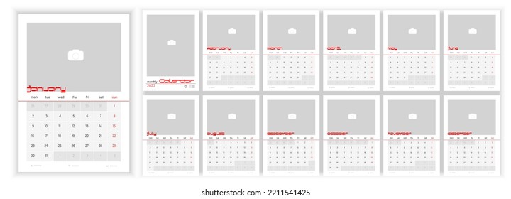 Wall Monthly Photo Calendar 2023. Simple monthly vertical photo calendar Layout for 2023 year in English. Cover Calendar, 12 months templates. Week starts from Monday. Vector illustration
